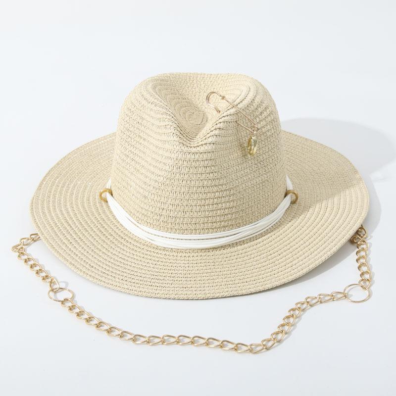 

Summer Straw Fedora Hat with Metal Shell Chain Design, European Fashion Wide Brim Sun Cap for Beach Vacation M 56-58cm