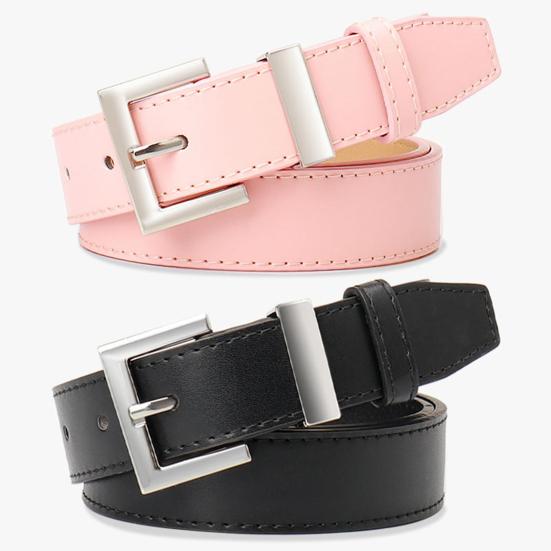 Women Belt Geometric Square Buttons Jeans Belt Adjustable Length Multi Holes Imitation Leather