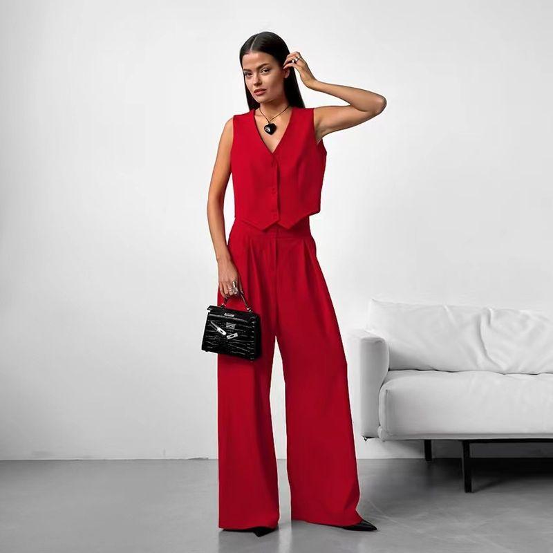 

Western Style Fashion Solid Casual V-neck Vest Vest Wide-leg Pants Two-piece Set Vest and Pants Set Red L