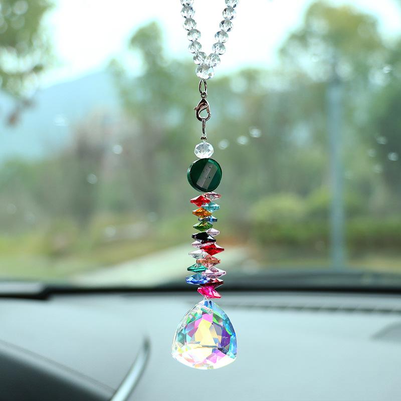 1pc Color Crystal Pendant Rainbow Drop Diamond Prisms Rearview Mirror Hangings Car Accessories Home Room Garden Decor Wind