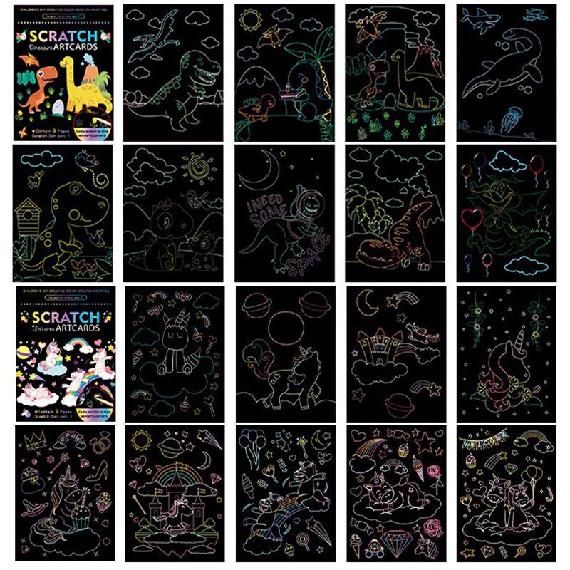 18 PCS Scratch Painting Papers Magic Rainbow Colored Drawing Set Space Animal Ocean Pirate Bamboo Stick Gifts for Boys Girls ZYF