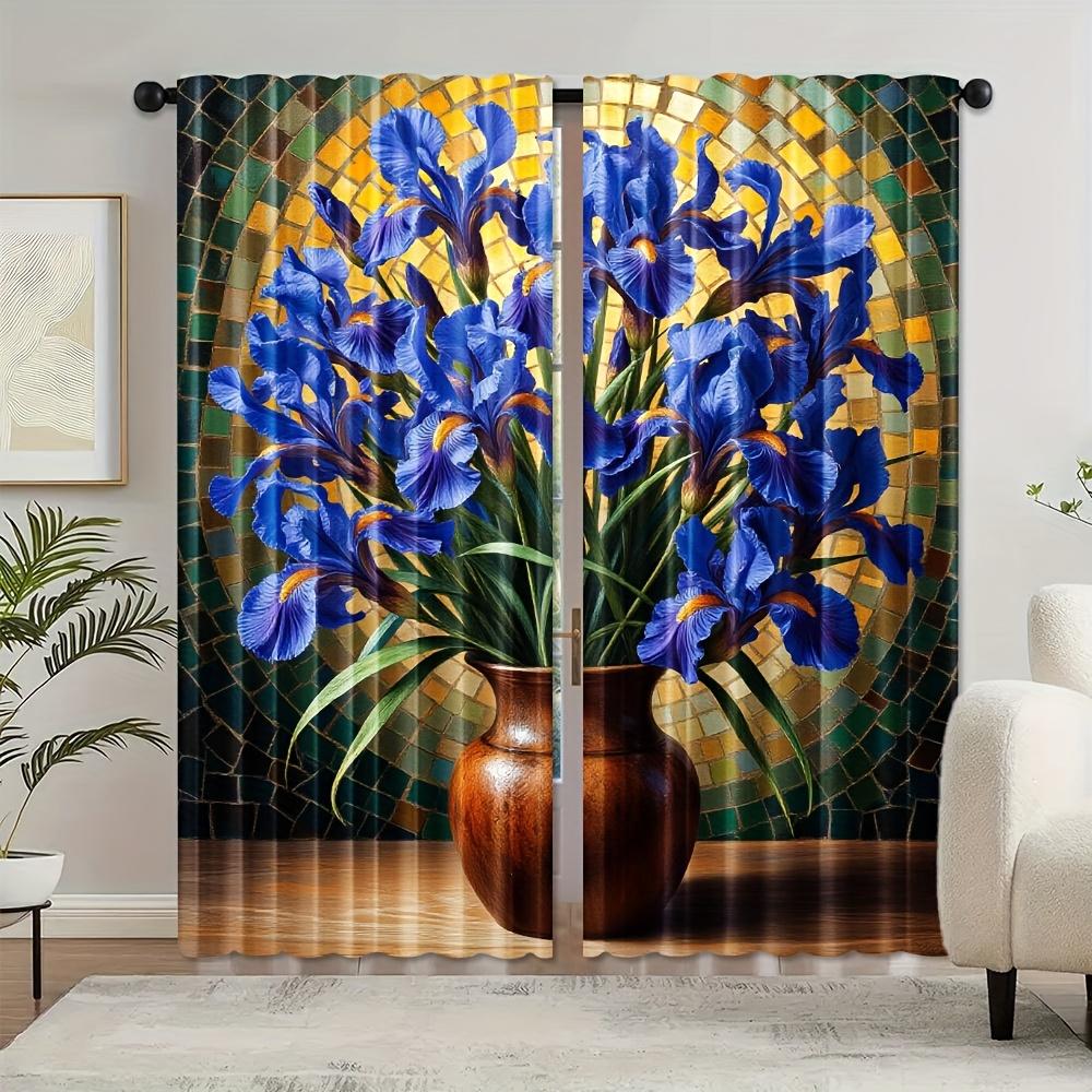 

Set Of 2 Floral Oil Painting Iris Flower Curtains Semi Sheer Polyester Window Drapes Vibrant Gol Light Filtering Made W100*H70(CM)-Rod Pocket&1PCS