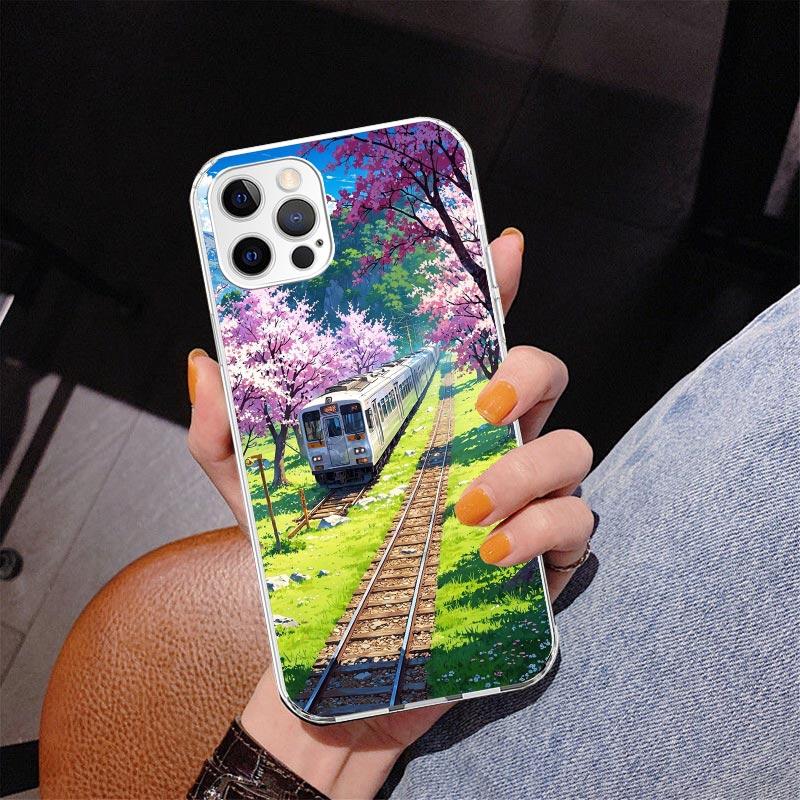 Retro Japanese Sakura Train Phone Case For iPhone 13 12 Mini 11 Pro Max XS XR X SE 7 8 Plus 5S 5 6S 6 Gift Print Cover Fundas
