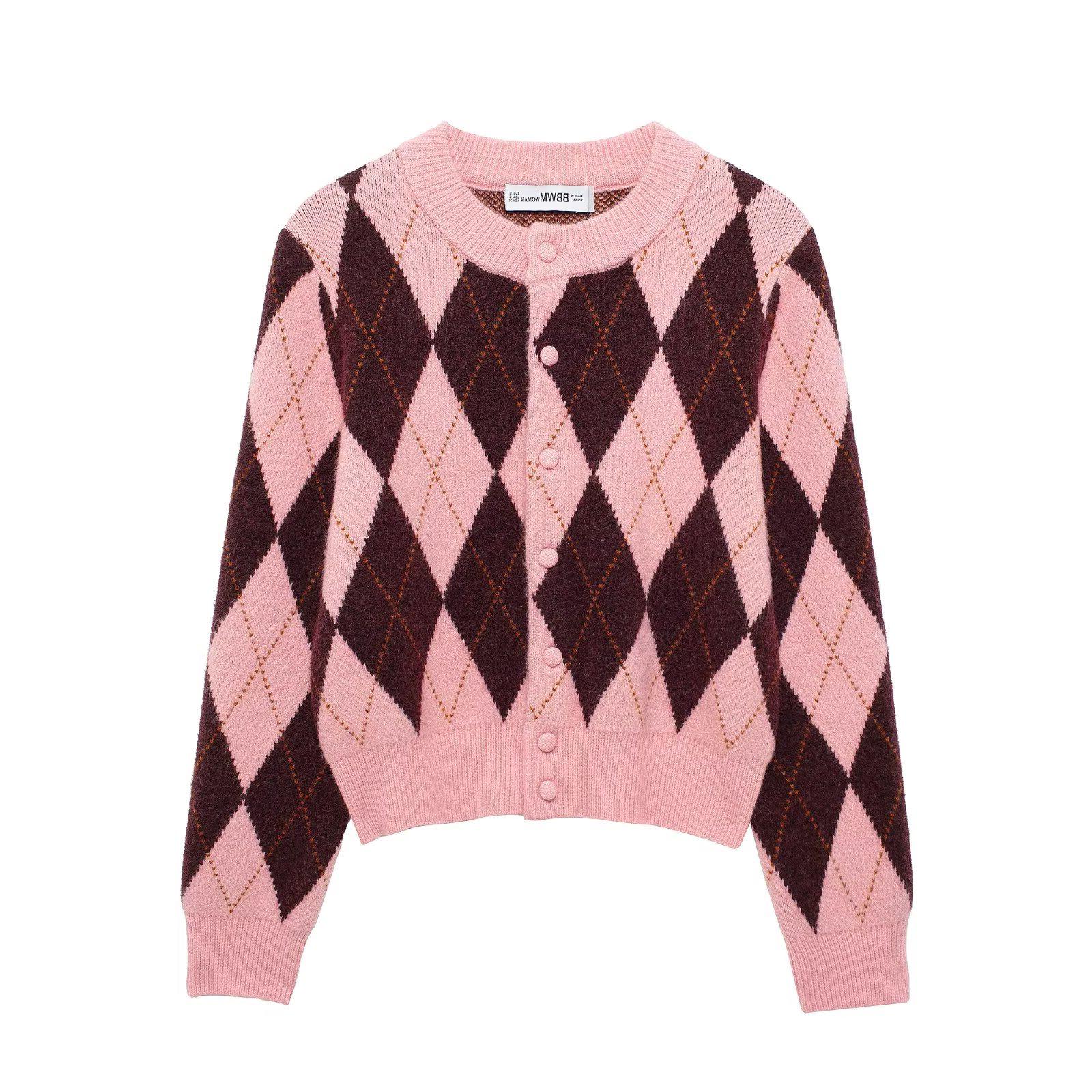 

TAOP&ZA Women s Sweet Argyle Crew Neck Long Sleeve Knit Cardigan S