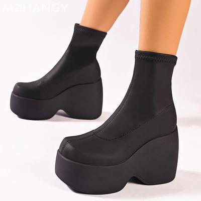 Fashion Women Platform Ankle Boots High Heels Leather Fashion Shoes Woman 2025 Trend Chelsea Boots Winter New Motorcycle Mujer Botas