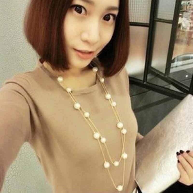 Korean Style Double Layer Pearl Sweater Chain Necklace 