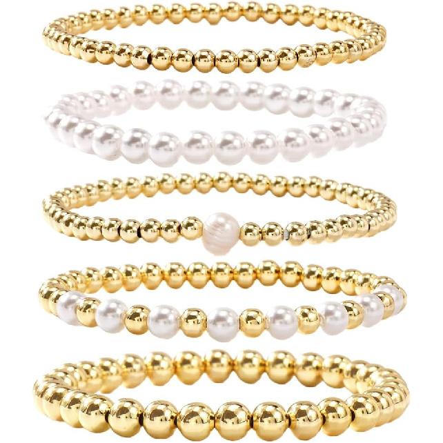 14K Gold Plated Pearl Beaded Cross Bracelets Stack Set for Women,Stretch Boho Colorful Christian Beads Ball Jewelry Friendship Summer Trendy Gift