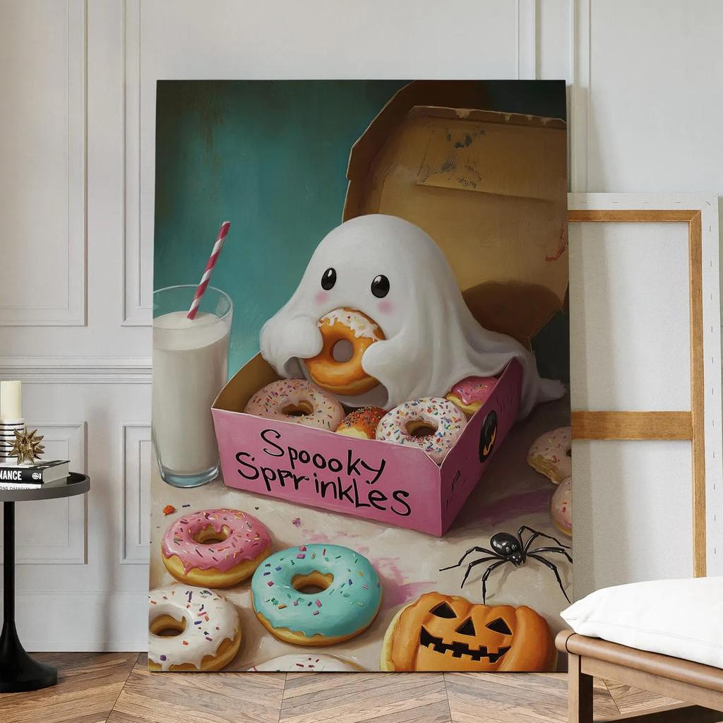 Cute Ghost with Donuts Prints Posters, Spooky Sprinkles Halloween Wall Arts, Funny Halloween Wall Decor Posters, Unframed