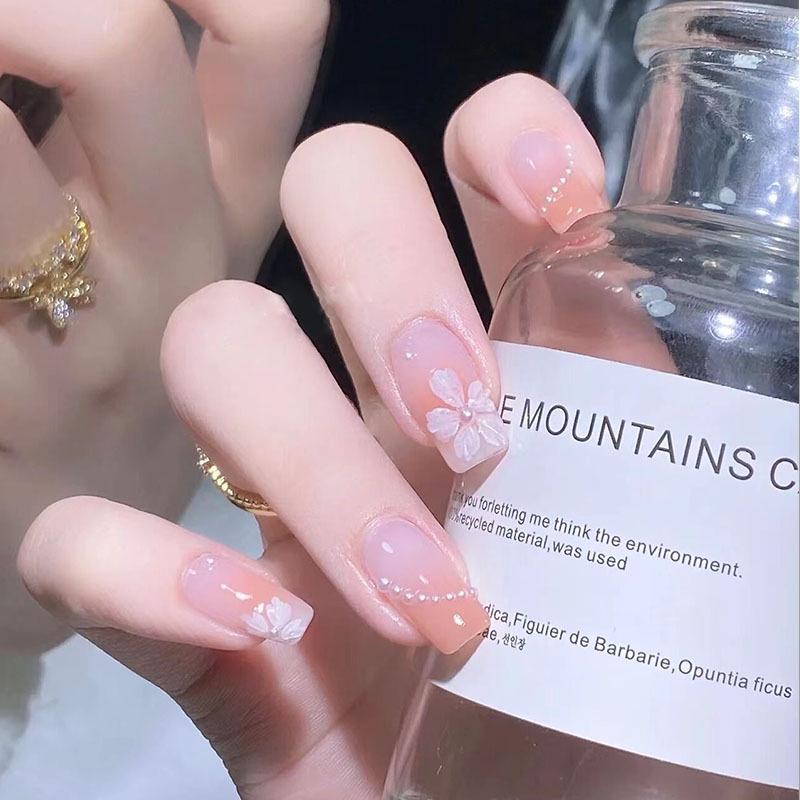 Pearl Camellia Orange Halo Luxury False Nail Art Patches