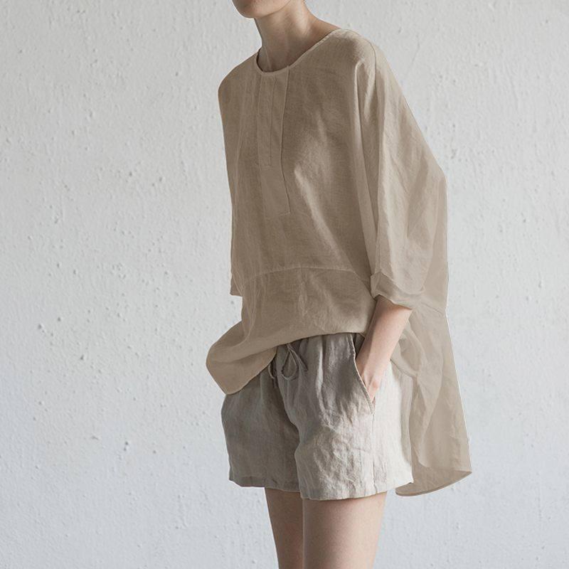 Korean Style Mid-Sleeve Cotton Linen Top - Spring/Summer Loose Fit, Round Neck, Pure Cotton Short-Sleeve T-Shirt