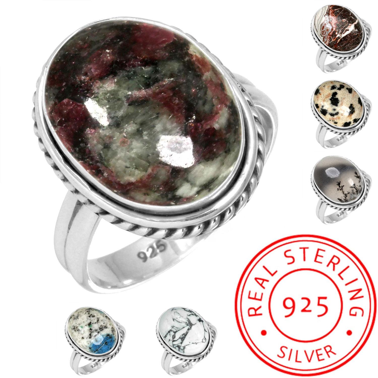 

925 Sterling Silver Ring Women Gemstone Handmade Jewelry Thanksgiving Gift Crazy Lace Agate Dalmatian Dendrite Opal Eudialyte Howlite K2 Jasper 13
