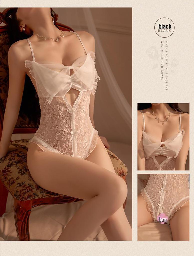 Women's French Mesh & Lace Erotic Lingerie Bodysuit with Bow