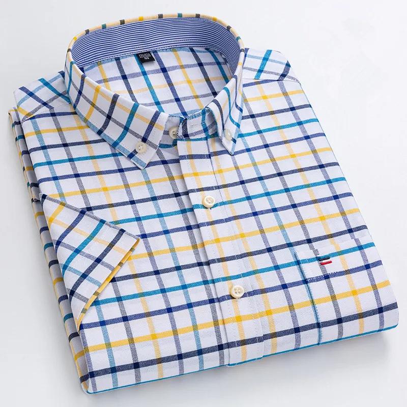 Cămașă bărbătească Oxford din bumbac de înaltă calitate, cu mânecă scurtă, pentru confort de vară, respirabilă, clasică, culoare uni, carouri, business, casual