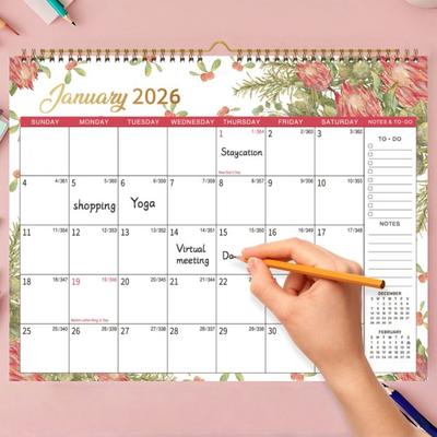 New 2026 Jan.- Dec. Wall Calendar Spiral Binding Flower Pattern Hanging Calendar 12-Month Wall Mount Monthly Calendar Office Use