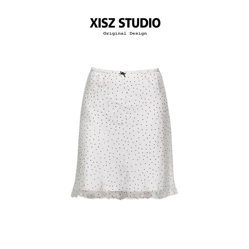 

French Lace Polka Dot Skirt for Women in Summer and Spring, High-Waisted Slimming Bow-Knot Lightweight Chiffon A-Line Skirt White Dots S