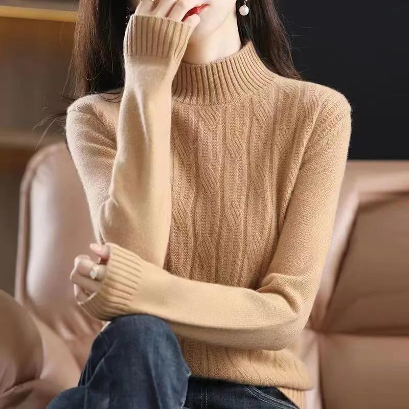 Autumn Winter Thick Warm Sweater Women Half High Collar Cashmere Sweater Korean Solid Green Casual Basic Pullover Knitwear