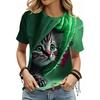 Women's Black Cat Pattern Round Neck Short-sleeved T-shirt, Casual Short-sleeved Top