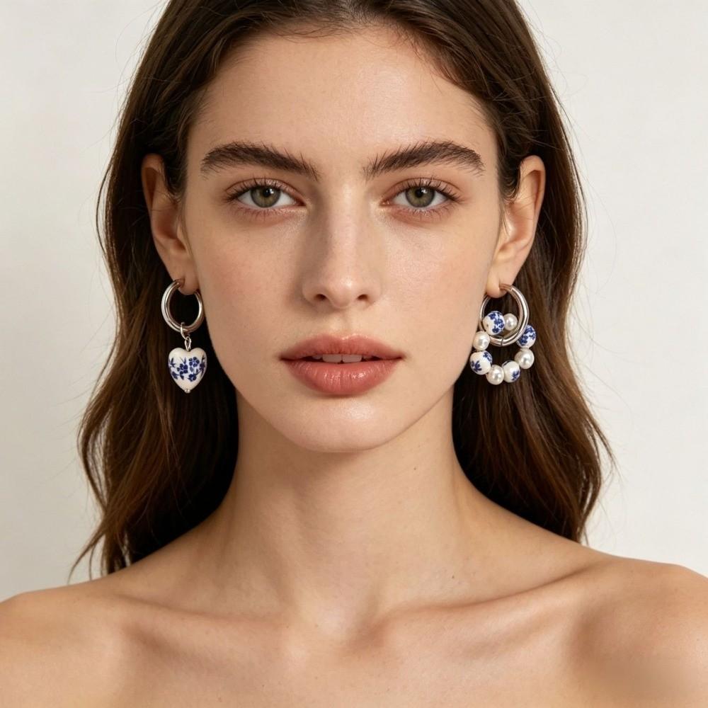 Heart Dangle Earrings Imitation Ceramic Pearls Dangle Earrings Asymmetric Earrings  Women