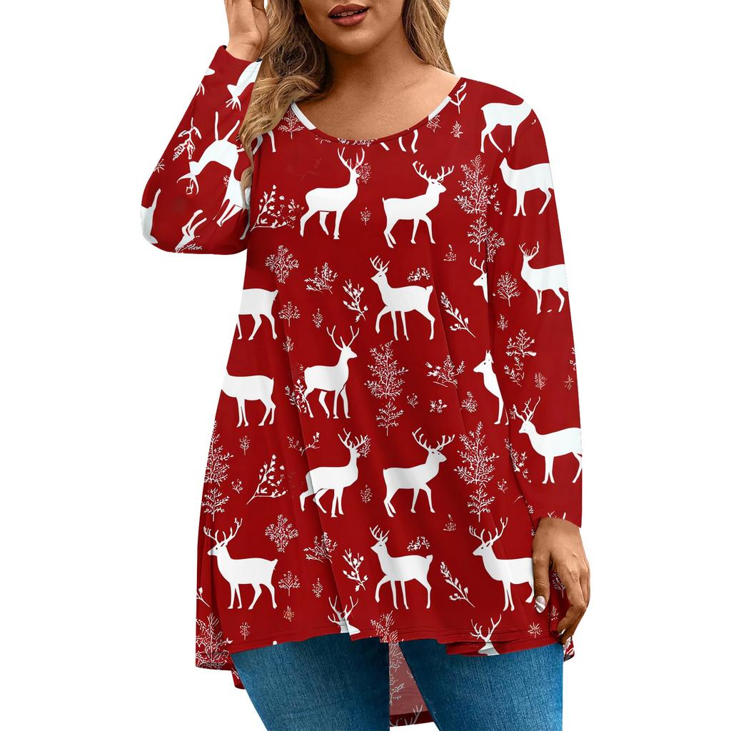 Women's Fashion Large Size Round Neck Long Sleeve Casual Christmas Print Loose Pullover Top