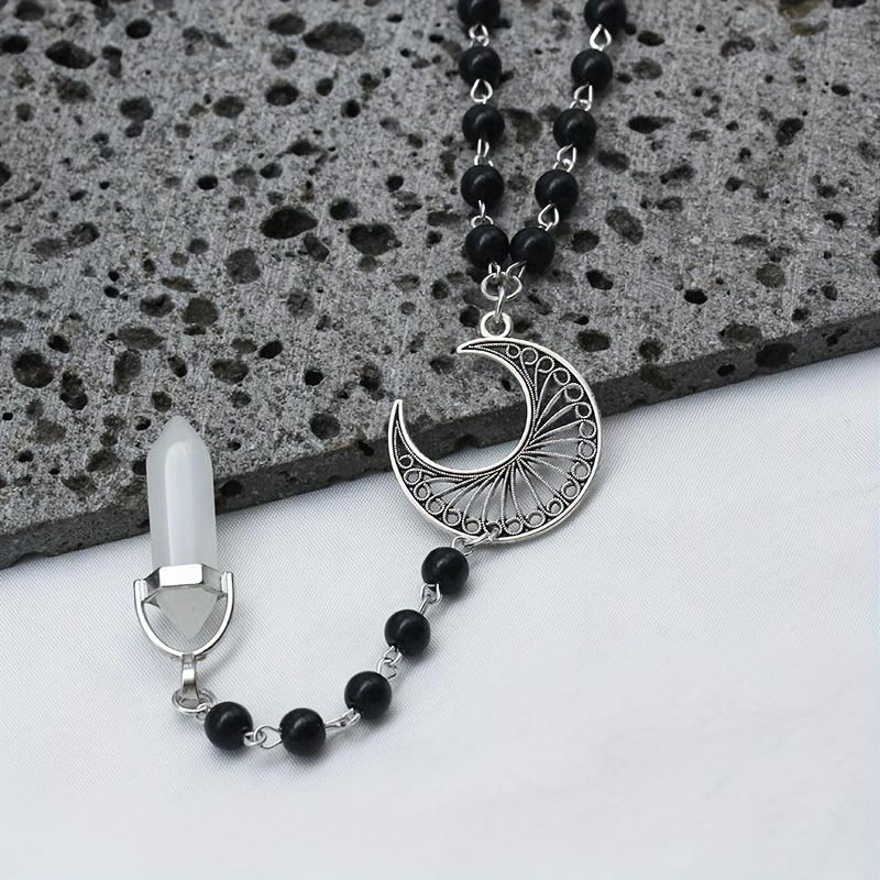 Hexagonal Long Strip Pendant Vintage Hollow Moon Necklace Black Rosary Neck Chain Accessories
