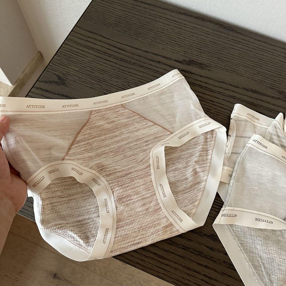 3Pcs Mid Waist Stripe Letter Briefs Ultra-thin Underwear for Women Mesh Seamless Panties  Gifts