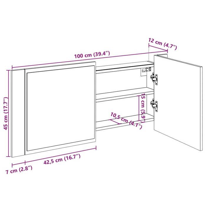VidaXL Armoire à miroir à LED de bain chêne fumé 100x12x45 cm, armoire à miroir, armoire de maquillage avec miroir, armoire 834959