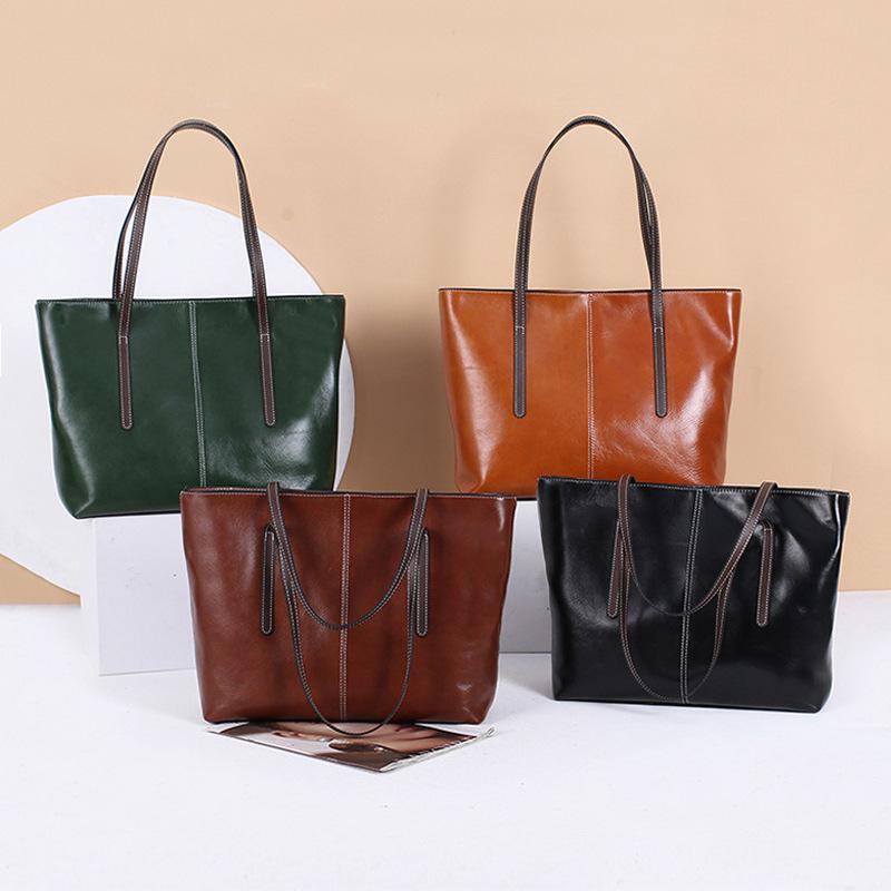 New Contrast Color Commuter Shoulder Bag Large Capacity Retro Top Layer Vegetable Tanned Cowhide Tote Bag