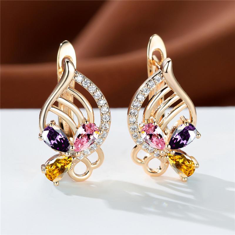 Aqua Blue Zircon Flower Crystal Green Red Stone Hoop Earrings Rose Gold Color Wedding Bridal For Women