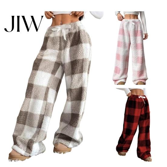 Soft Fluffy Home Pants Women Plaid Wide Leg Pants, Drawstring High Waist Thick Coral Fleece Retro Warm Loungewear, Anti-Pilling Casual Pajama Bottoms