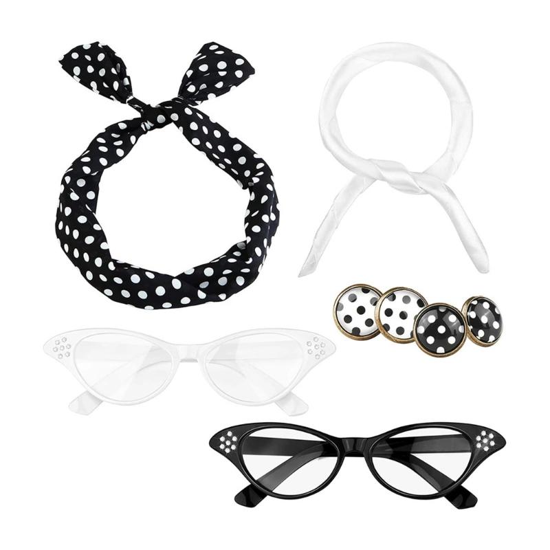

8Pieces 50s Costume Accessories Set Chiffon Scarf Cats Eye Glasses Bandana Earrings 1950s Fancy Dress Set for Womens чорний/білий