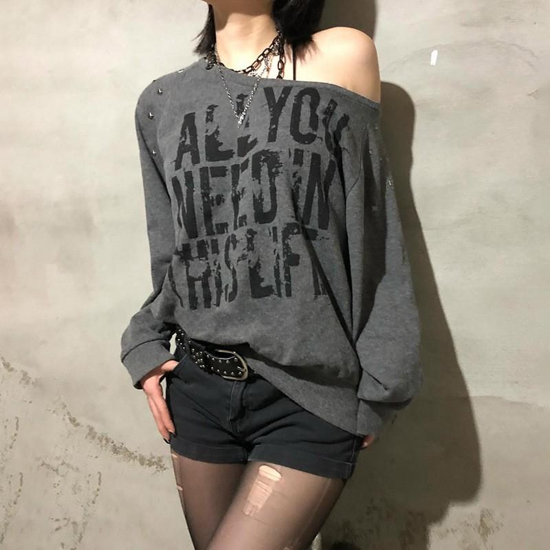 Womens Streetwear Long Sleeve Cropped Hoodie With Rivet Embellishment Graphic Print Asymmetrical Neckline Plus Size S M L