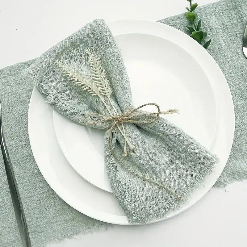 10Pcs 32x32cm Handmade Cloth Napkins with Fringe, Delicate Rustic Decorative Table Napkins for Wedding/Dinner/Party