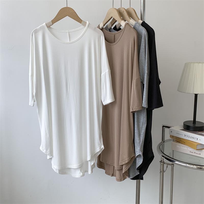 Vestido Camiseta Modal Feminino de Manga Curta - Comprimento Médio, Caimento Solto, Estilo Preguiçoso Roupa de Dança