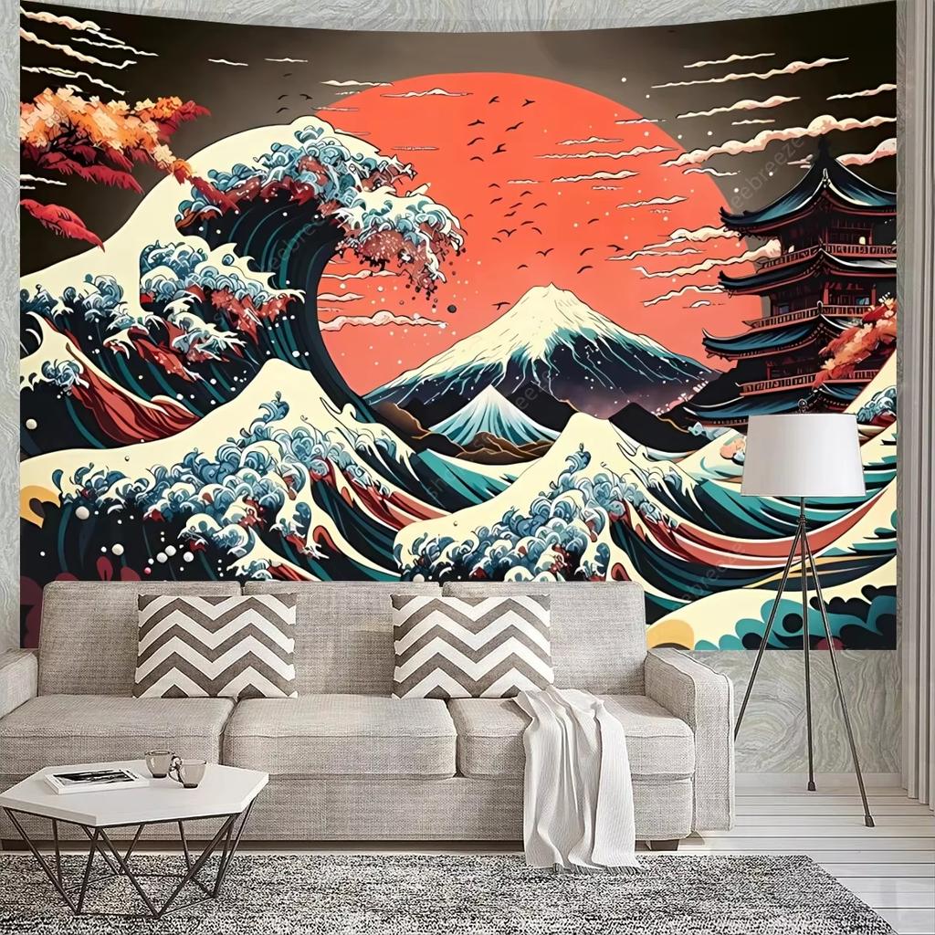 Japanese Great Waves UV Reactive Tapestry Mount Fuji Wall Hanging Cloth Aesthetic Room Home Decor Background Flag Wall Art Decor