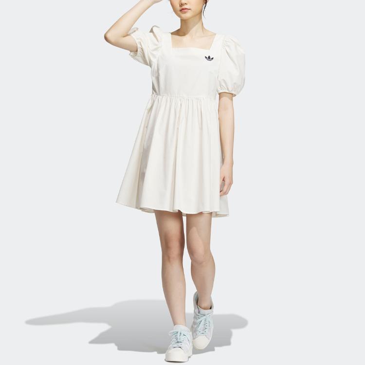 Adidas Originals Monkey Kingdom X  Trefoil Woven Dress With Lantern Sleeves Women Dress Pink White IP1772