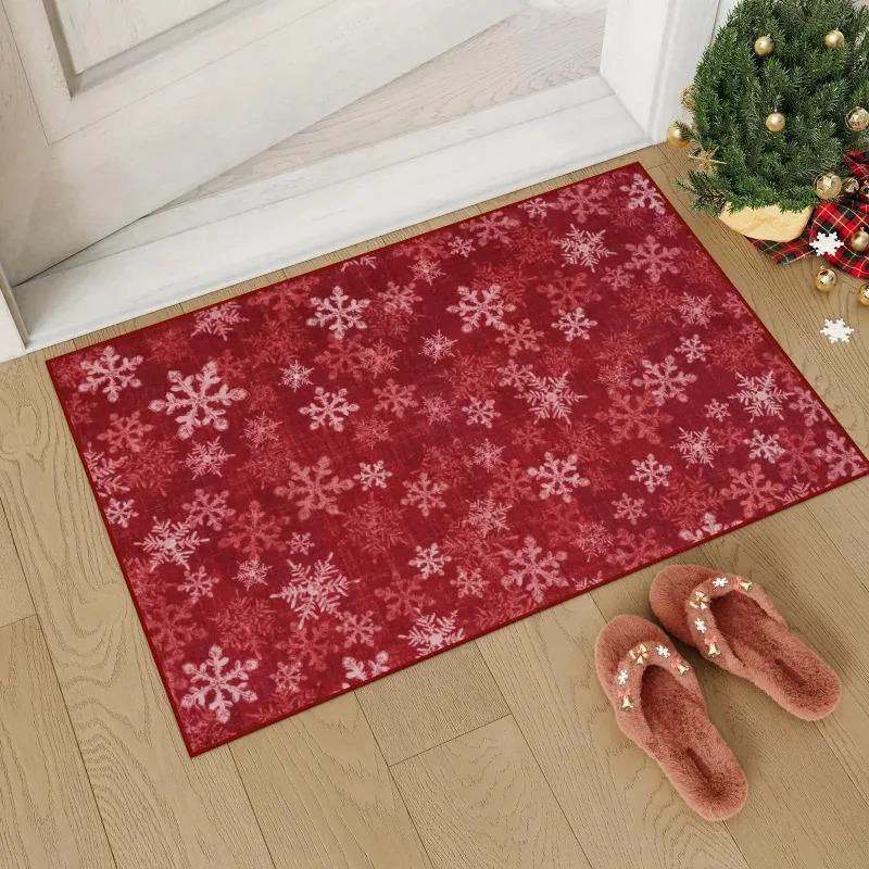 Exquisite Christmas Washable Entryway Rug Christmas Snowflake Indoor Non-Slip Front Door Mat Soft Rug Home Decoration Carpet
