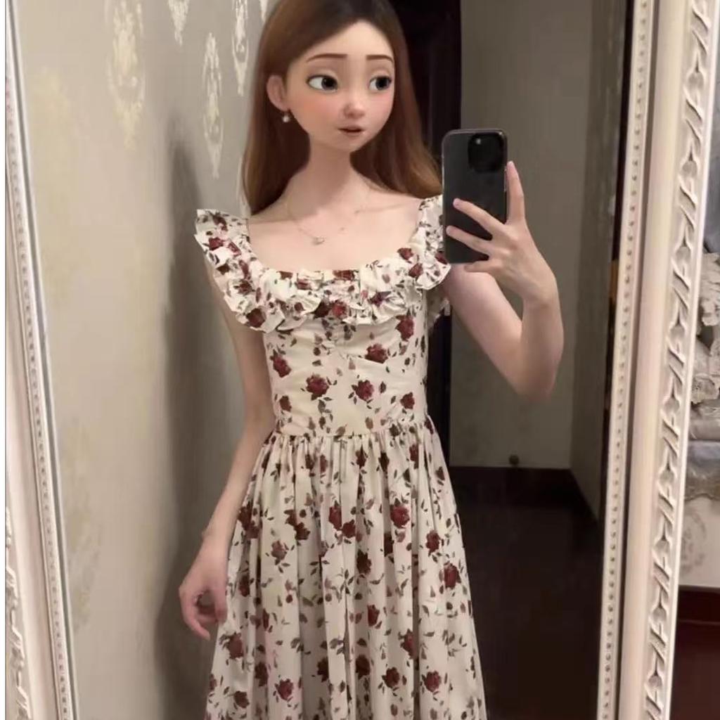 French high-end feeling flying sleeves floral dress women's summer new gentle temperament waist and thin long dress