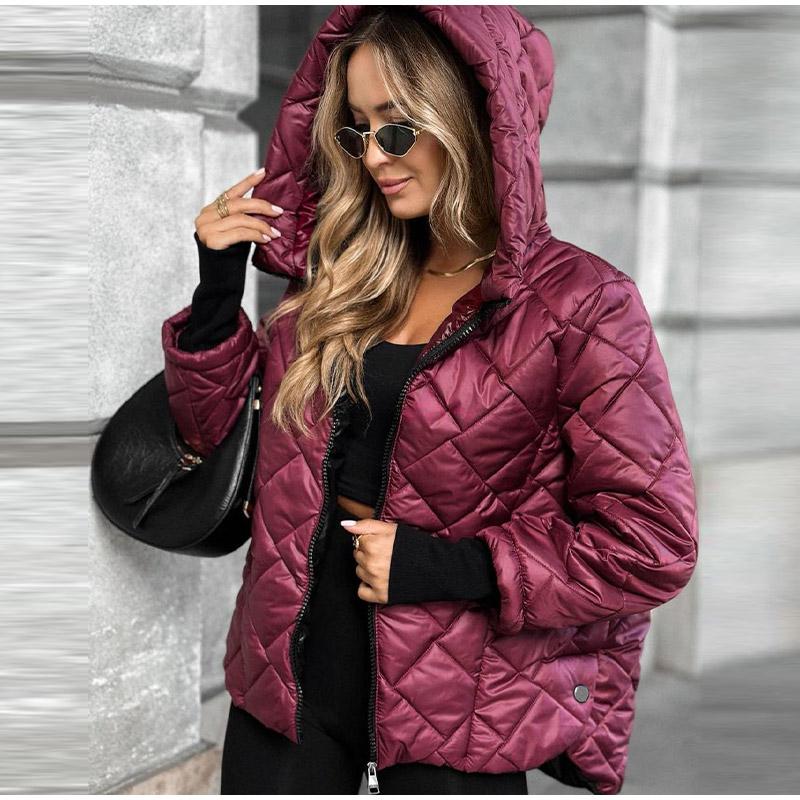 Autumn and Winter New Fashion Trend Diamond-shaped Pressure Grid Loose Hooded Cotton-padded Warm Jacket