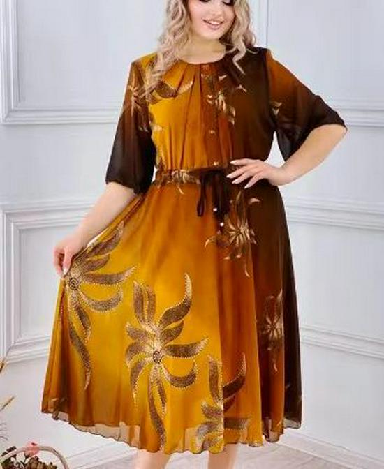 

Европейское и американское ретро-платье миди с принтом, рукавами семь восьмых и защитой от солнца 4XL