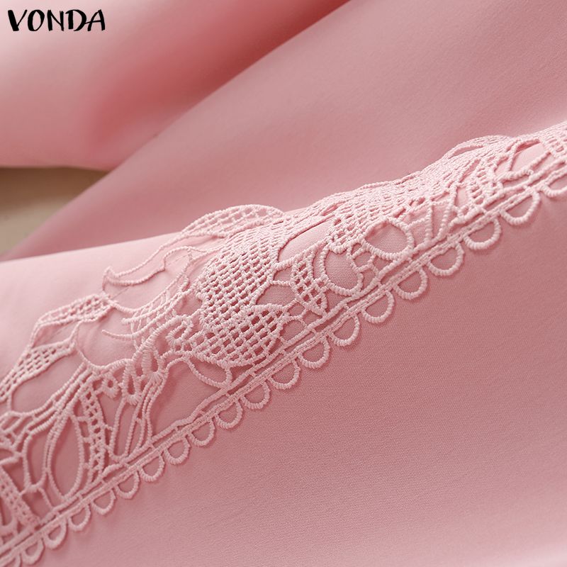 VONDA Women Casual Lapel Neck Crochet Lace Splice Long Sleeve Blouse Shirts