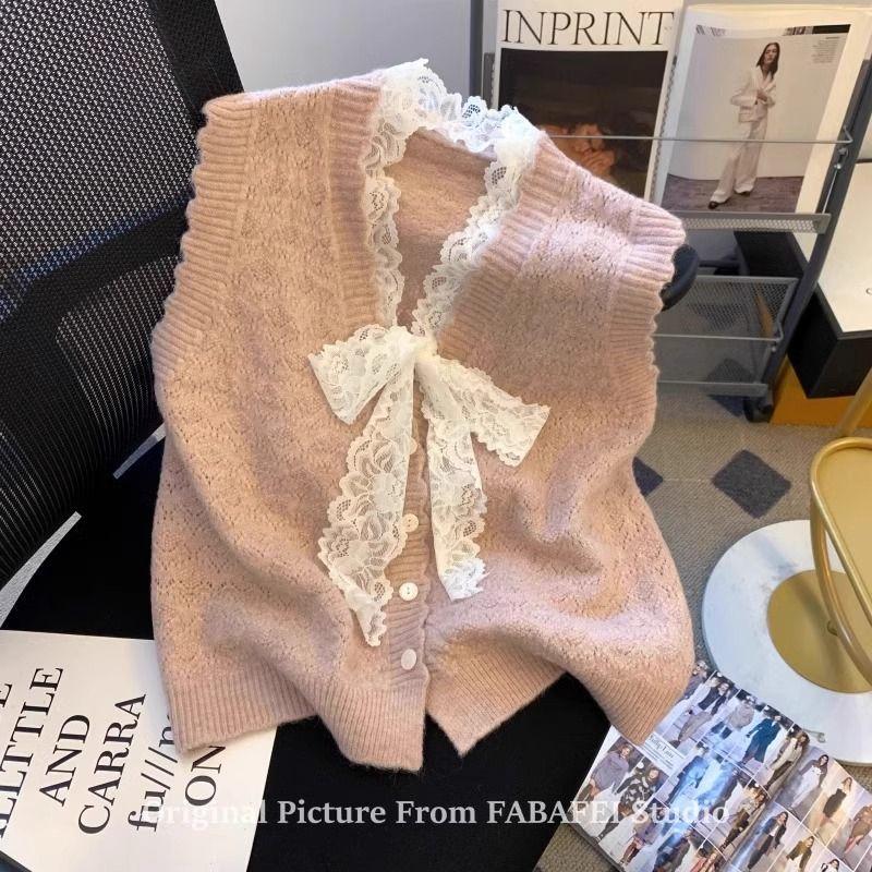 

Кружевной жилет с бантом, вязаный кардиган, женская мода, весенне-осенняя верхняя одежда, жилет-свитер 2XL