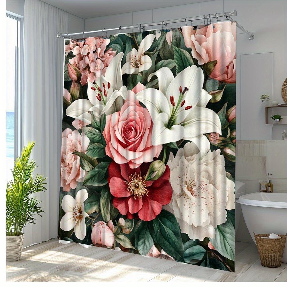 

1Pc Floral Shower Curtain Elegant Flower Patterns Bathroom Decor Polyester Fabric With 12 Hooks 70.8X70.8 Inches W60H190(CM)-1 Pcs