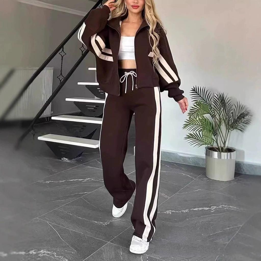 Autumn Winter Two-piece Set Women's Zipper Striped Loose Jacket Outwear and High Waist Side-striped Pants Sports Sets