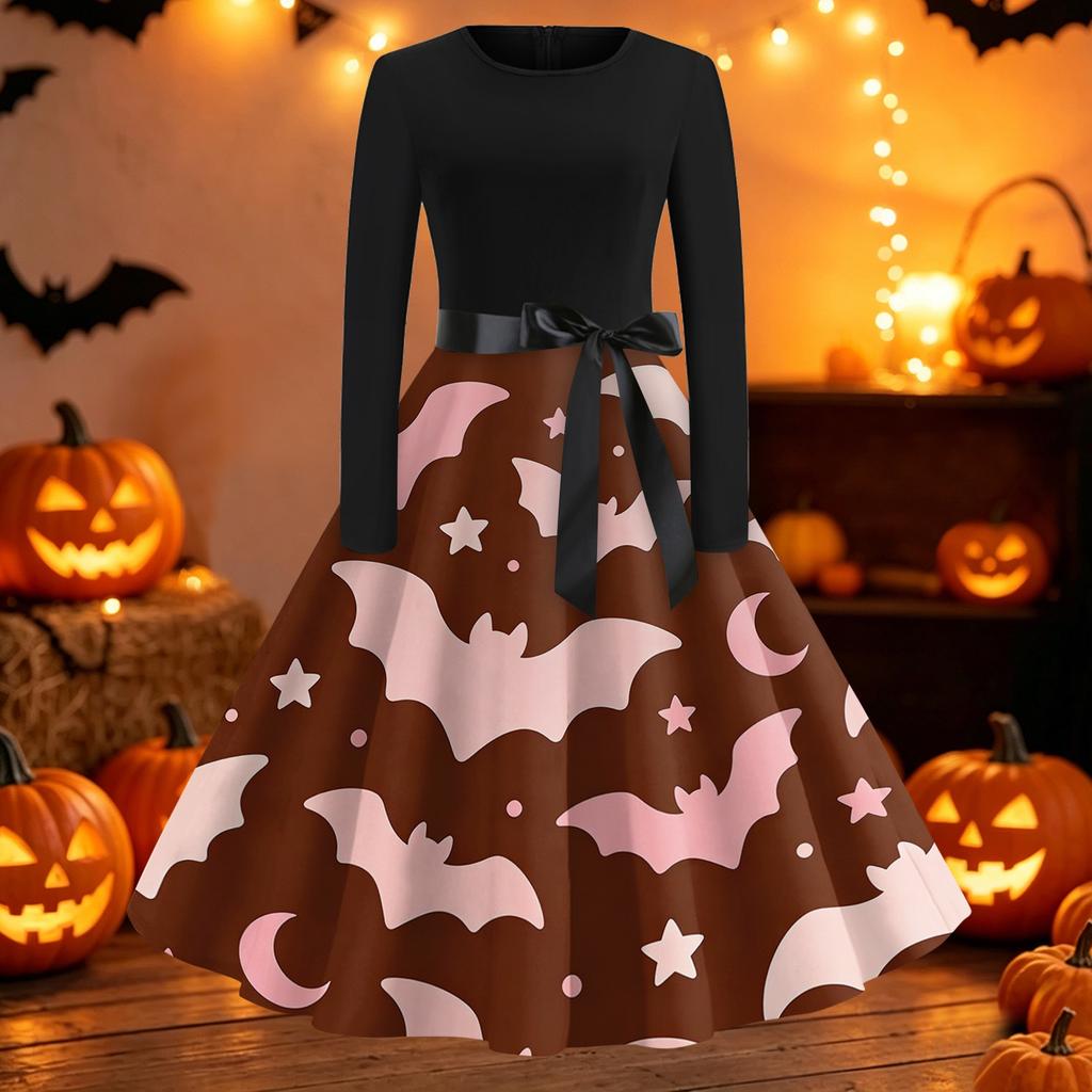 Women's Casual Long Sleeve Fit and Flare Dress Round Neck Halloween Print Full Skirt Midi Dress with Waist Tie Belt