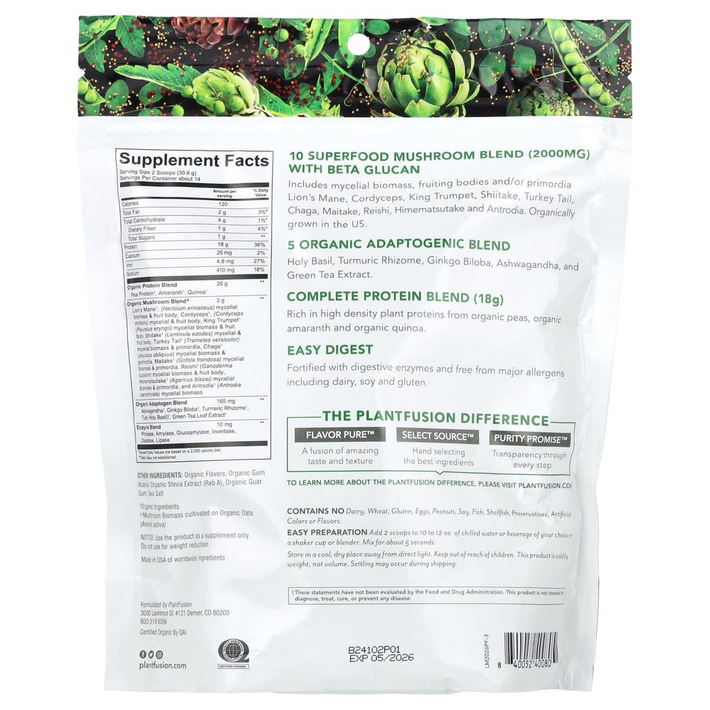 Organic Mushroom + Protein, Creamy Vanilla Bean, 428G(15Oz)