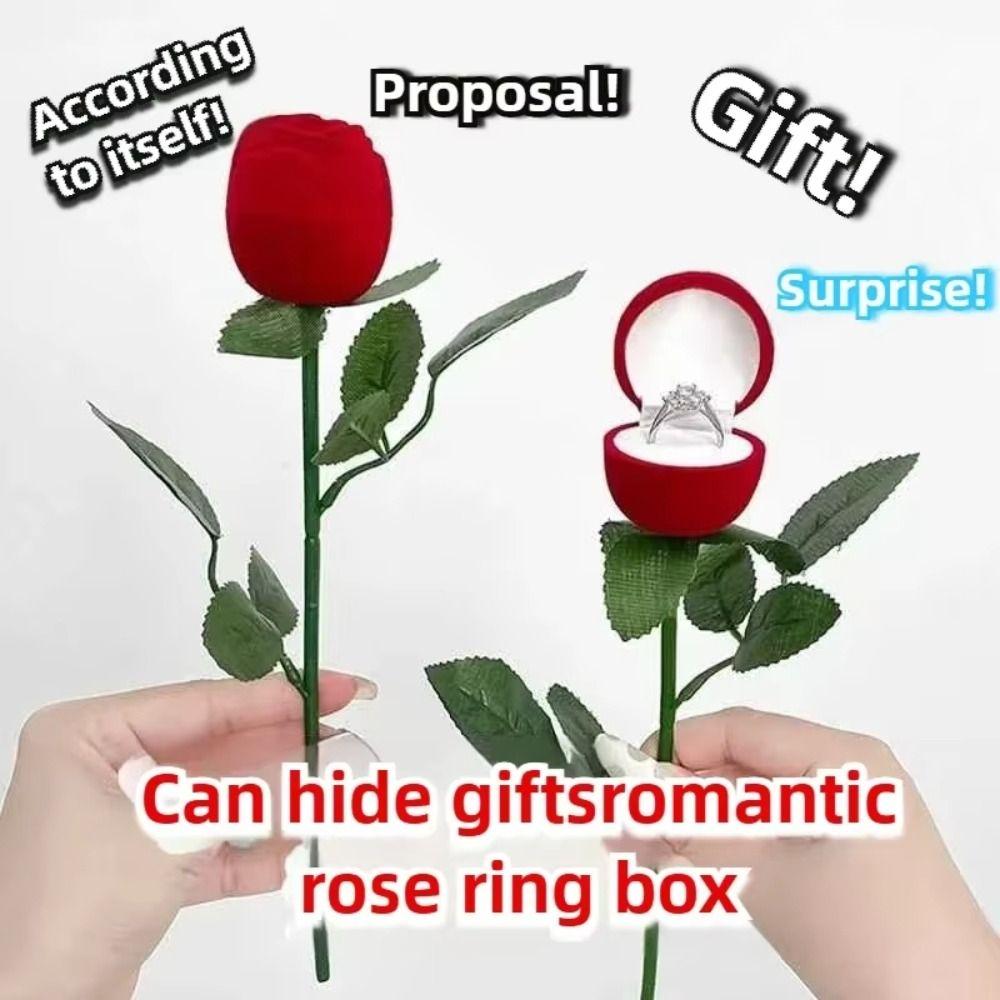 Rote Samt-Rosenring-Box mit Blättern Simulationsblume Valentinstag Rosenring Beflockungs-Gimmick Rose zu Ring-Box