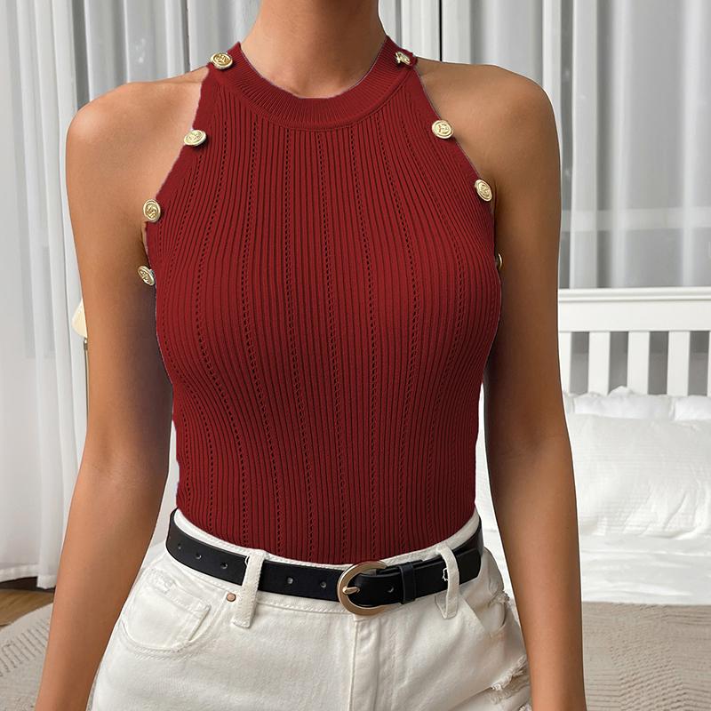 

Жіноча літня повсякденна безрукавка з круглим вирізом і трикотажним ґудзиком L вина червоного кольору