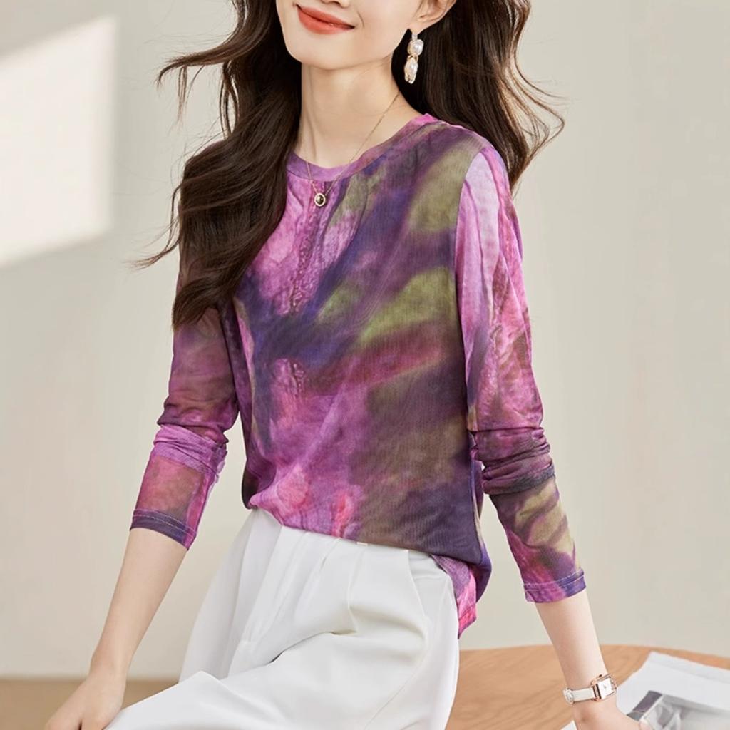 Tricou cu mânecă lungă și croială din plasă, pentru primăvară, stil nou, cămașă la modă pentru mamă, top slim