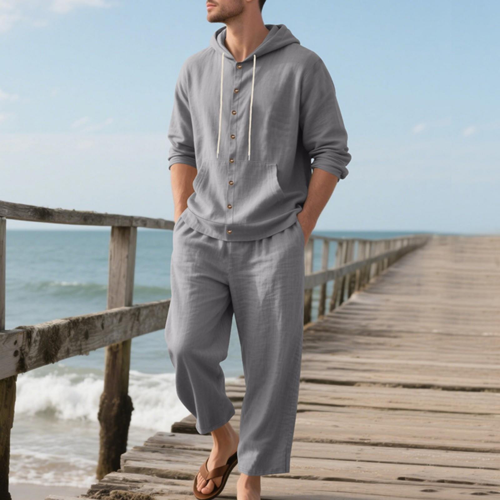 

Men s Linen Set - Long-Sleeve Pocket Hooded Shirt & Elastic Waist Drawstring Loose Pants For Beach Casual Wear L