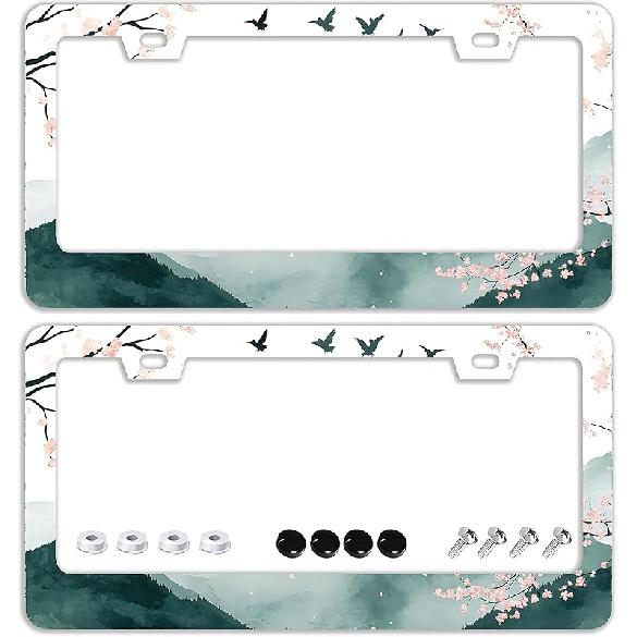 Mounta Cherry Blossom License Plate Frames - 2 Pcs Set 2 Holes Stainless Steel Metal Auto Car Accessories Decoration License Plate Frame Cover Size